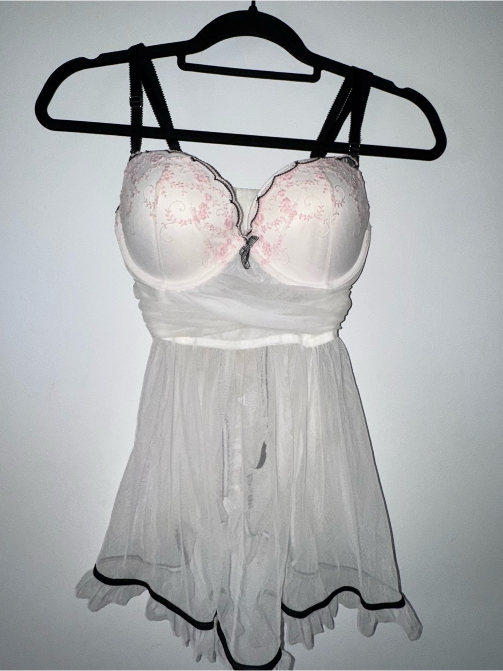 Victoria's Secret White Babydoll with Pink Embroidery and Black Trim